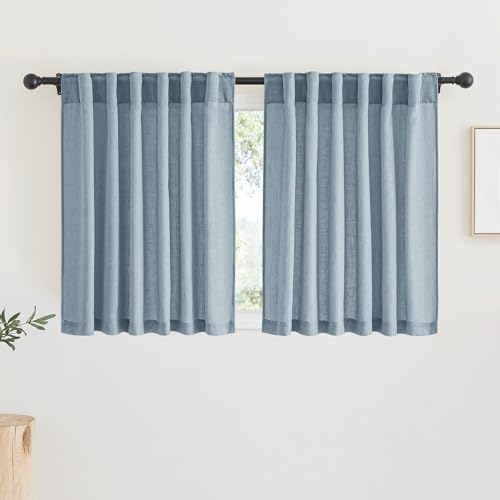Linen Semi Sheer Kitchen Window Curtains Over Sink 36 inches Length (Dusty Blue / 52"W x 36"L (Pack of 2))