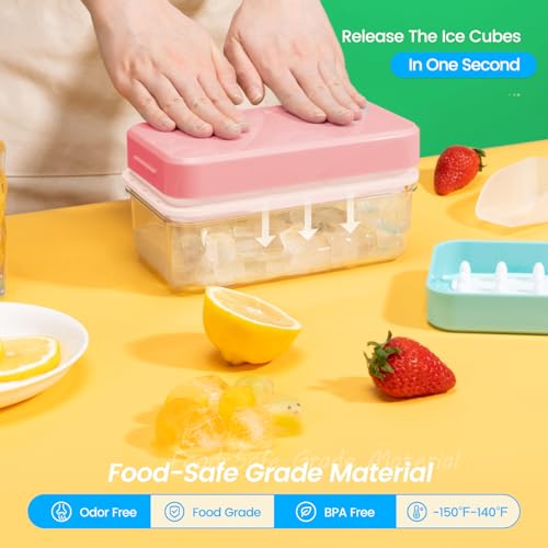 Ice Cube Tray with Lid and Bin (Pink / 0.8"-56Cubes)
