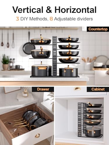 8 Tier Lightweight Pots and Pans Organizer under Cabinet (Black / 14.55"H)