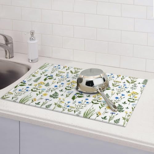 Blue Yellow Wildflower Dish Drying Mats for Kitchen Counter (Green-Yellow-Blue-Floral / 18" x 24")