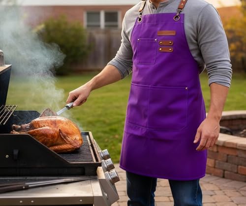 Canvas Cross Back Chef Cotton Apron for Men Women (Purple)