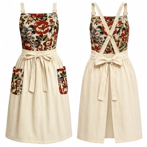 Apron for Women with Pockets Cotton Linen Metal Clip Adjust Kitchen Cooking Baking Gardening Aprons Dress Pocket Chef Apron Utility Waist Tie (1 Pack-beige With Red Green Floral)
