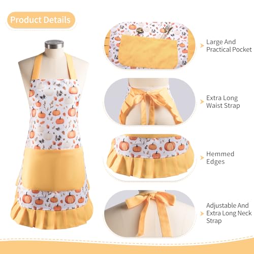 Vintage Floral Apron for Women with Functional Pockets Adjustable Neck Strap for Cooking Baking Mother's Gift (Pumpkin)