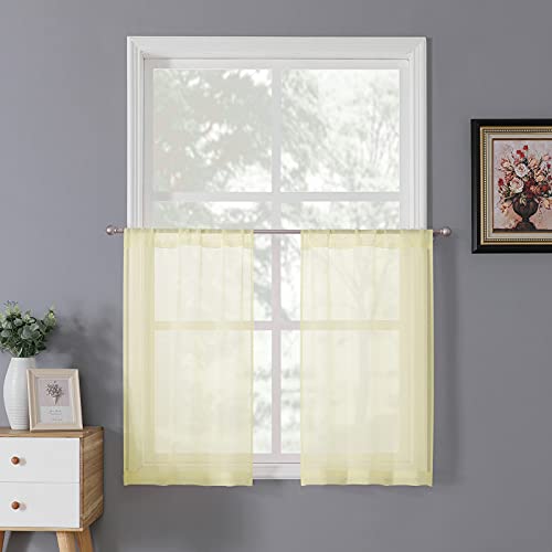 Sheer Tier Curtains Kitchen Linen Textured Half Curtain Sheers Light Filtering Rod Pocket Voile Bathroom Short Curtains for Farmhouse (25"W x 30"L (Pack of 2) / Transparent Yellow)