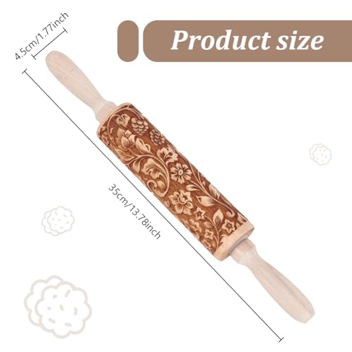 Embossed Wooden Rolling Pin Darker 3D Flower Rattan 35cm Rolling Pin for Thanksgiving Baking Biscuits DIY Kitchen Tool Baking Accessories Homemade Bakery Pastry Cookie Fondant Dough Pizza (dark grey)
