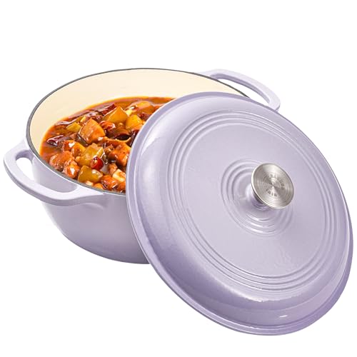 6 Quart Enameled Cast Iron Dutch Oven Pot with Lid Heavy Duty Dutch Oven for Bread Baking Braising Stews Roasting Oven Safe up to 500°F Dual Handles Purple (Purple)