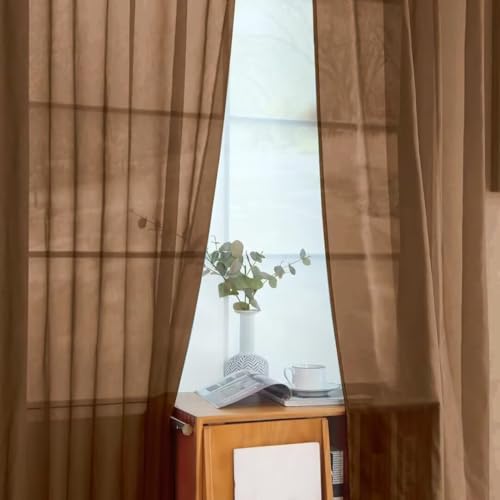 Solid Sheer Rod Pocket Curtain Voile Draperies 2 Panels White Beige Black Ivory Coffee 26 Inch Width 24 Inch Long 1 Pair for Kitchen Bedroom Children Living Room Yard (Brown / 26"W x 24"L (Pack of 2))