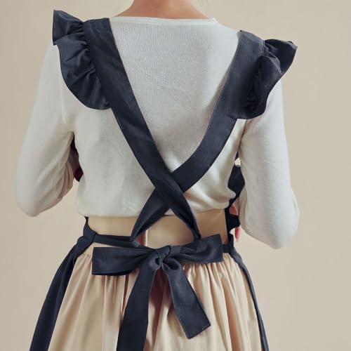 Cute Cotton Apron Frilly Lace Ruffle Adjustable Pinafore Apron Dress with Pockets for Cooking Baking Cleaning Gardening (Navy)