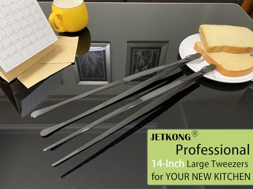 2 Pcs 14 Inch Food Tweezer Tongs Extra Long Stainless Steel Kitchen Tweezer Cooking Tweezers (14+14 Inch / Black)