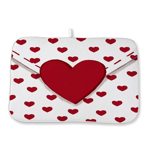 Valentines Dish Drying Mat 18x24 Inch Red Hearts Dish Drainer Protector Pad for Kitchen Counter Absorbent Holiday Love Drying Pad for Drainer Rack Kitchen Fast Dry (Red Hearts-2 / 18" x 24")