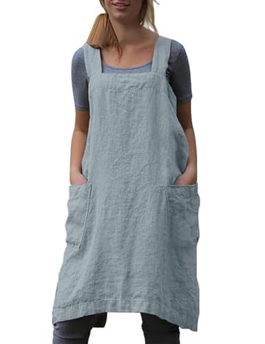 Women's Cotton Cross Back Pinafore with Big Pockets Practical Aprons for Gardening Works (X-Large / Light Blue)