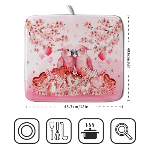 Small Holiday Dish Drying Mat Pink Love Bird Absorbent Coffee Bar Mat for Decoration 16 X 18 In (Pink Love Bird / 18" x 16")