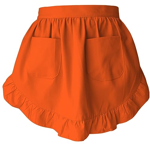 Women’s Waist Aprons with White Pockets Half Server Home Waitress Vintage Servant Apron for Kitchen Cooking (Orange)