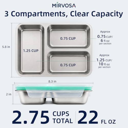 4 Pack 3 Compartment Stainless Steel Snack Containers with Lids for Kids