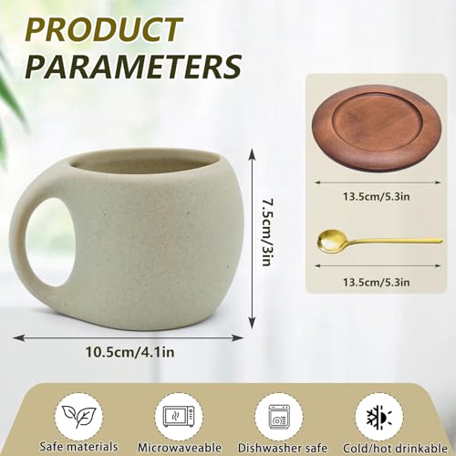Ceramic Coffee Mug with Natural Wood Saucer & Spoon