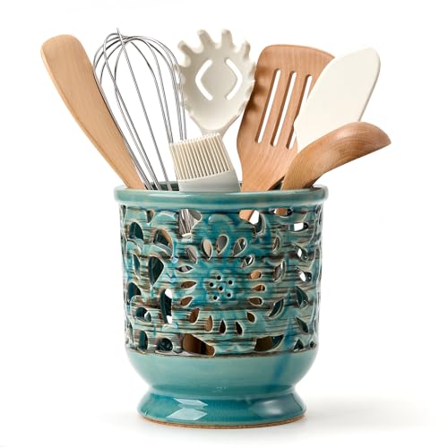 Farmhouse Kitchen Utensil Holder for Countertop (Antique Blue)