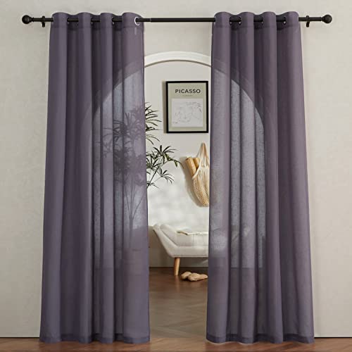 Flax Linen Sheer Curtains for Living Room (52"W x 84"L (Pack of 2) / Purple Brown)