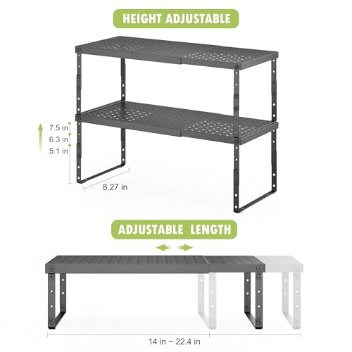 Expandable Cabinet Organizer Shelf With Adjustable Height (Black-2 Pack / 8.27"D*14-22.4"W x 7.5"H)