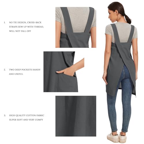Women Apron with 2 Pockets Cotton Linen Kitchen Baking Cooking Chef Cross Back Pinafore Dress for Work Restaurant Gardening (X-Large / Dark Grey)