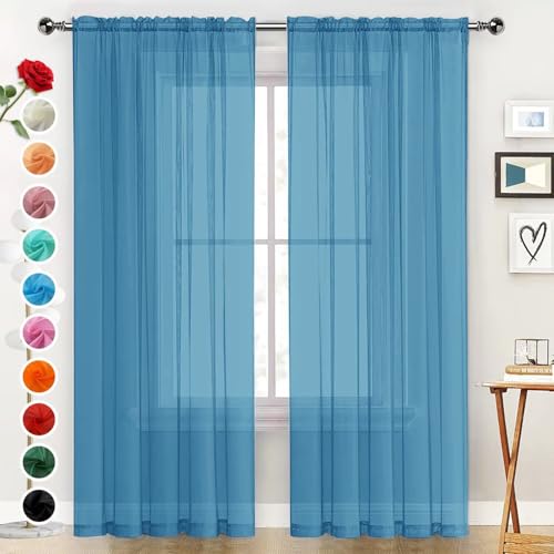 Basic Rod Pocket Sheer Voile Window Curtain Panels Blue 1 Pair 2 Panels 52 Width 90 Inch Long for Kitchen Bedroom Children Living Room Yard（Blue (Blue / 52"W x 90"L (Pack of 2))