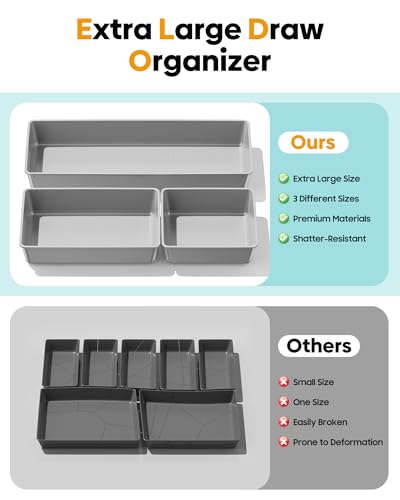 10 Pack Large Size Plastic Drawer Organizers Set (Gray)