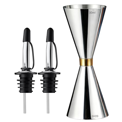 Jigger for Bartending (1 Jigger+ 2 Pourers with Caps / Golden Ring)