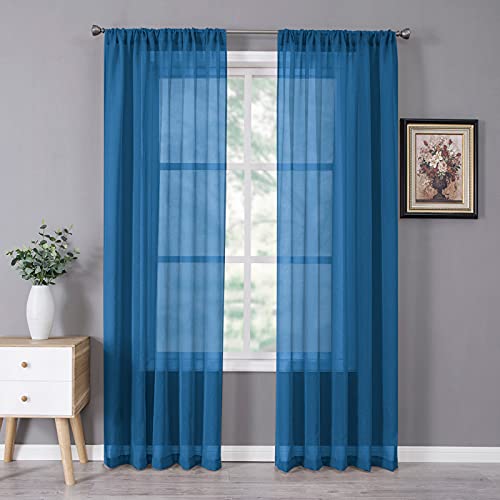 Sheer Curtain Linen Textured Bedroom Curtains Sheer Light Filtering Rod Pocket Voile Curtain for Living Room (54"W x 95"L (Pack of 2) / Classic Blue)