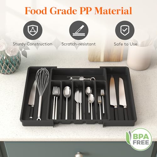 Extra Large Silverware Drawer Organizer (Black / XL Deep (13-22''W x 16.7''D))
