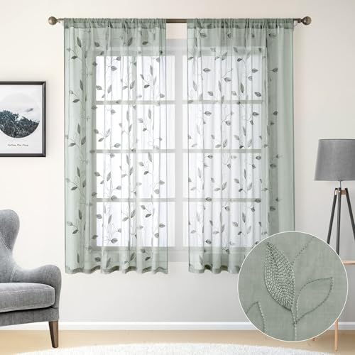 Sage Green Sheer Curtains Leaf Embroidered (52"W x 63"L (Pack of 2) / 1-sage Green)