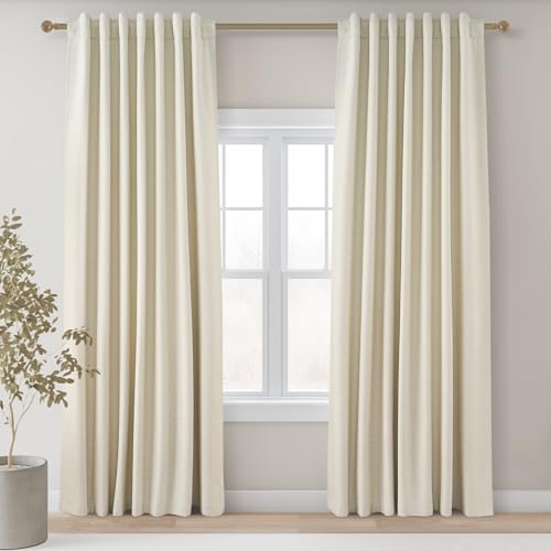 Cream White Linen Blackout Curtains 63 Inches Long 2 Panels for Small Window Natural Cream Boho Farmhouse Linen Blend Texture Insulated Hook Belt Back Tab Pocket Pleated Drapes (Cream / 52"W x 63"L (Pack of 2))