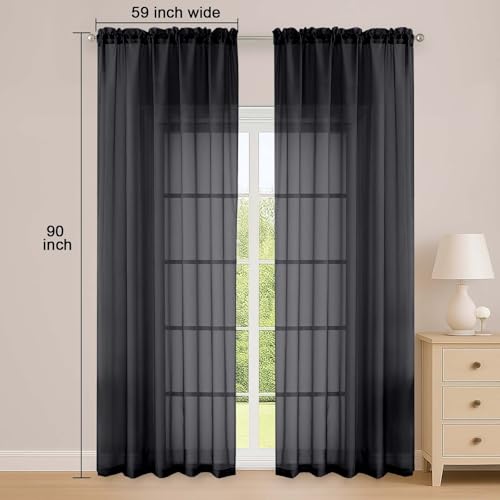 Black Sheer Curtain 90 Inches Long 2 Panels Set (Black / 59"W x 90"L (Pack of 2))