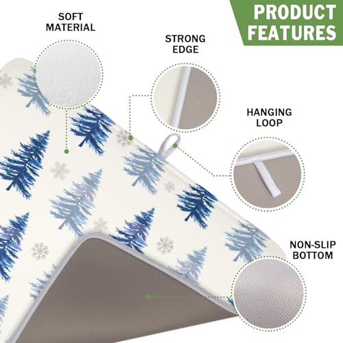 Winter Dish Drying Mat 16 x 18 Inch Blue Tree Dish Drying Pad Absorbent Microfiber Mats for Snowflake Dish Rack Pad for Holiday Kitchen Counter Coffee Bar Decor (Winter Blue / 16" x 18")