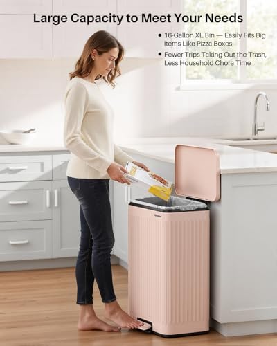 60 Liter 16 Gallon Stainless Steel Trash Can with Soft (Pink / 16 Gallon)