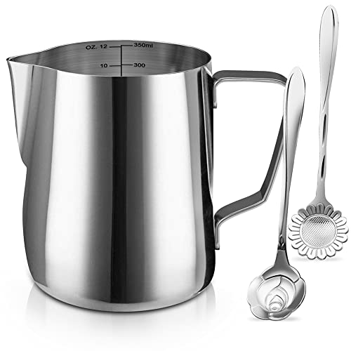 Milk Frothing Pitcher Cup (Silver+2 Spoons / 11.8 Ounces)