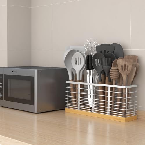 Extra Large Kitchen Utensil Holder Countertop with Removable Divider (Silvery)