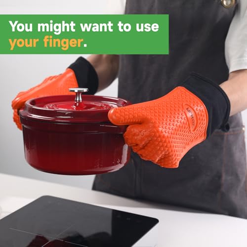 BBQ Gloves Heat Resistant Oven Mitts (Orange / Extra Large)