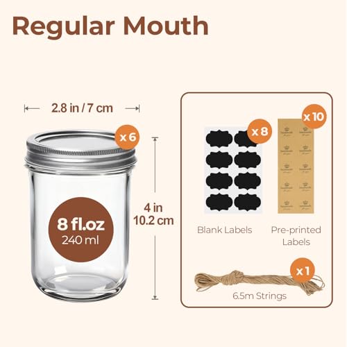 8 oz Mason Jars (8 fl oz x 6 - Regular Mouth)