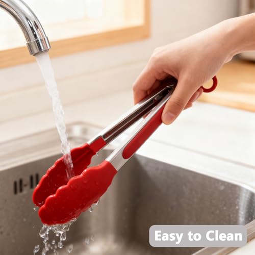 Kitchen Silicone Tongs for Cooking with Non (Red / 2Pcs, 9+12 Inch)