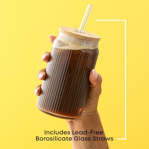 Fluted Glass Tumblers with Bamboo Lids and Glass Straws (Clear Glasses)
