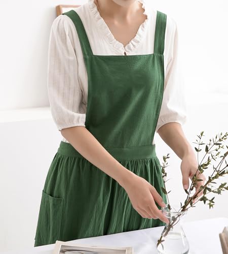 Cotton Linen Pinafore Apron Dress for Women with Pockets Chef Aprons Cross Back Apron for Kitchen Baking Painting (Green)