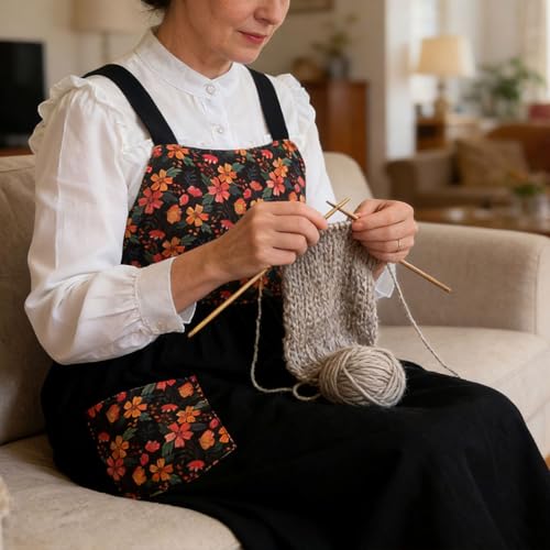 Cotton Linen Apron Cross Back Apron for Women with Pockets Pinafore Dress (Floral Black)