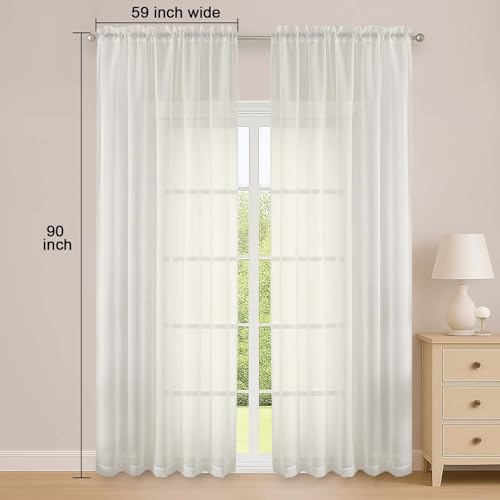 Ivory Sheer Curtains 90 Inch Long 2 Panels for Living Room 59" Wide (Ivory / 59"W x 90"L (Pack of 2))