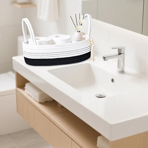 Small Storage Basket for Toilet Tank Top (White & Black / L(13x6x4 Inch))