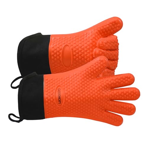 BBQ Gloves Heat Resistant Oven Mitts (Orange / Extra Large)