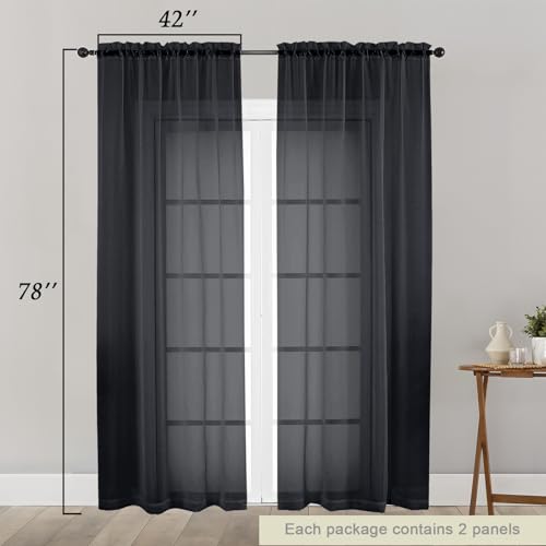 Black Sheer Curtain for Bedroom Living Room 78 Inches Long 2 Panels Set (Black / 42"W x 78"L (Pack of 2))