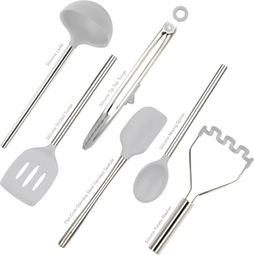 Silicone Cooking Utensil Set of 6 Stainless Steel Handle Ladle Slotted Turner Tongs Flex Core Spatula Scraper Mixing Spoon & Potato Masher (Oyster Gray)