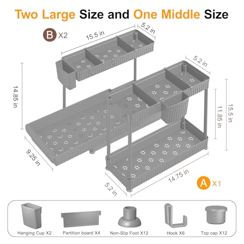 3-Pack 2-Tier L-Shaped Under Sink Organizers with Sliding Drawers (Grey / 14.85 Inch)