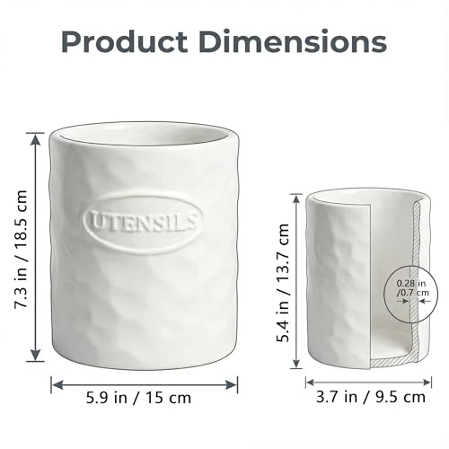 White Utensil Holder Set of 2 Ceramic Cooking Utensil Crock Modern Kitchen Utensil Organizer for Countertop Spatula Spoon and as a Decorative Vase for Housewarming Gift