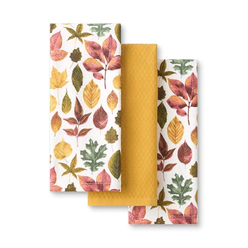 Autumn Harvest Falling Leaves Kitchen Towel 3 (Tan/Red/Green)