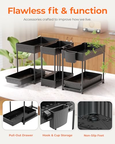 3-Pack 2-Tier Under Sink Organizers with Sliding Drawers (12.8 Inch / Black)